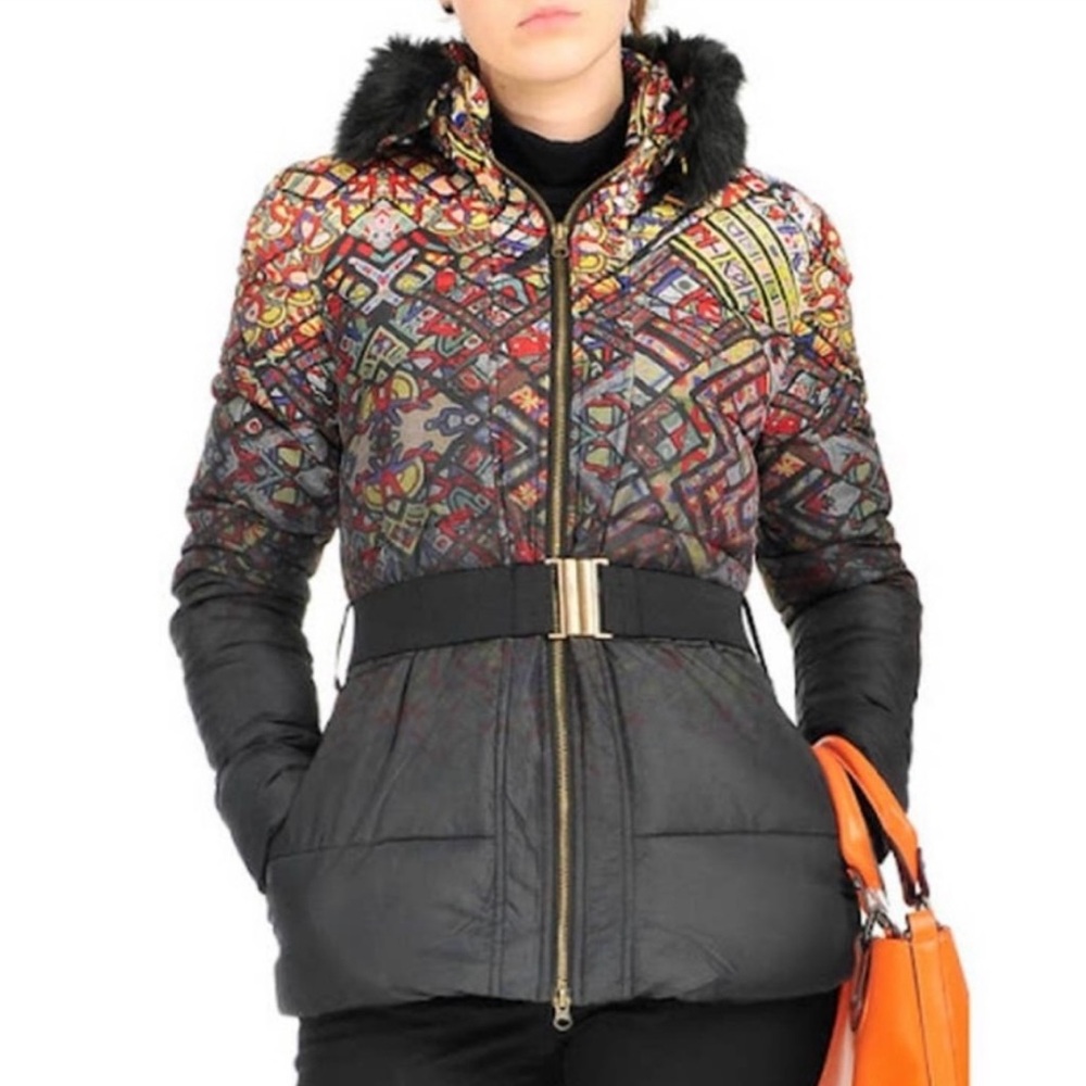 Desigual Ombré Black Multi Fur trim Stained Glass Puffer Coat